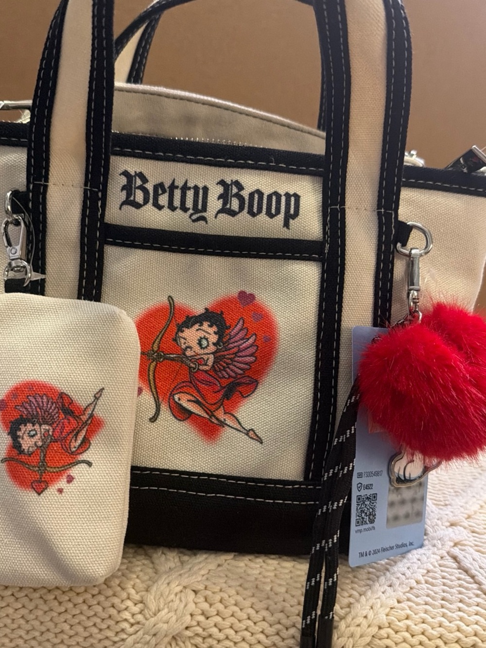 Betty Boop Cream and Black Canvas Tote with Red Pom-Pom Charm